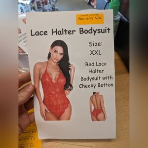 New Women's Red Lace Halter Bodysuit